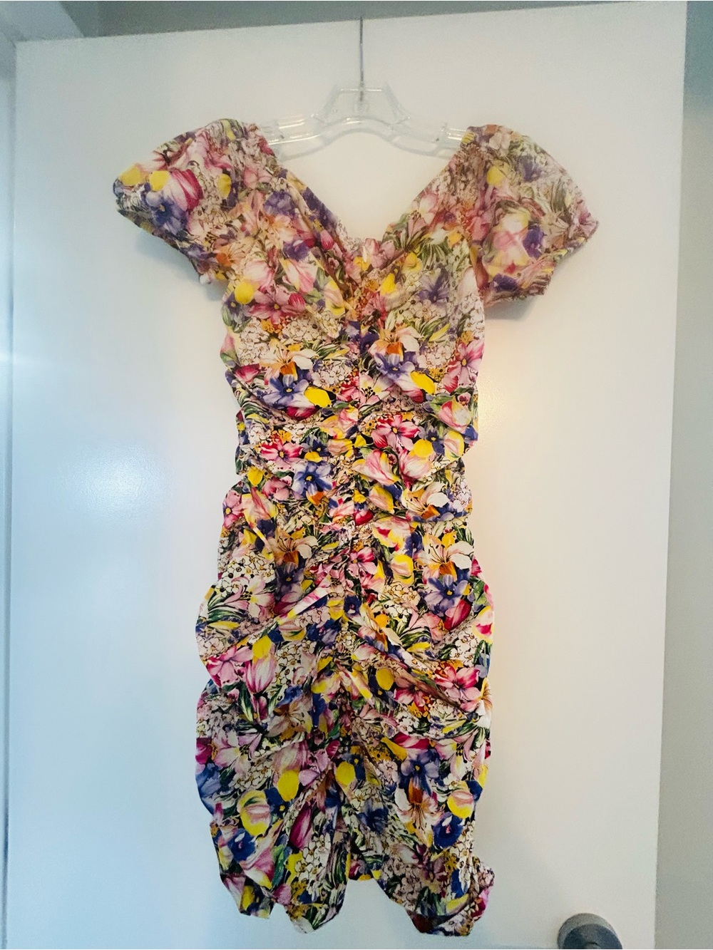 Zara Yellow Pink Purple Floral Ruched Mini Dress - Picture 5 of 5